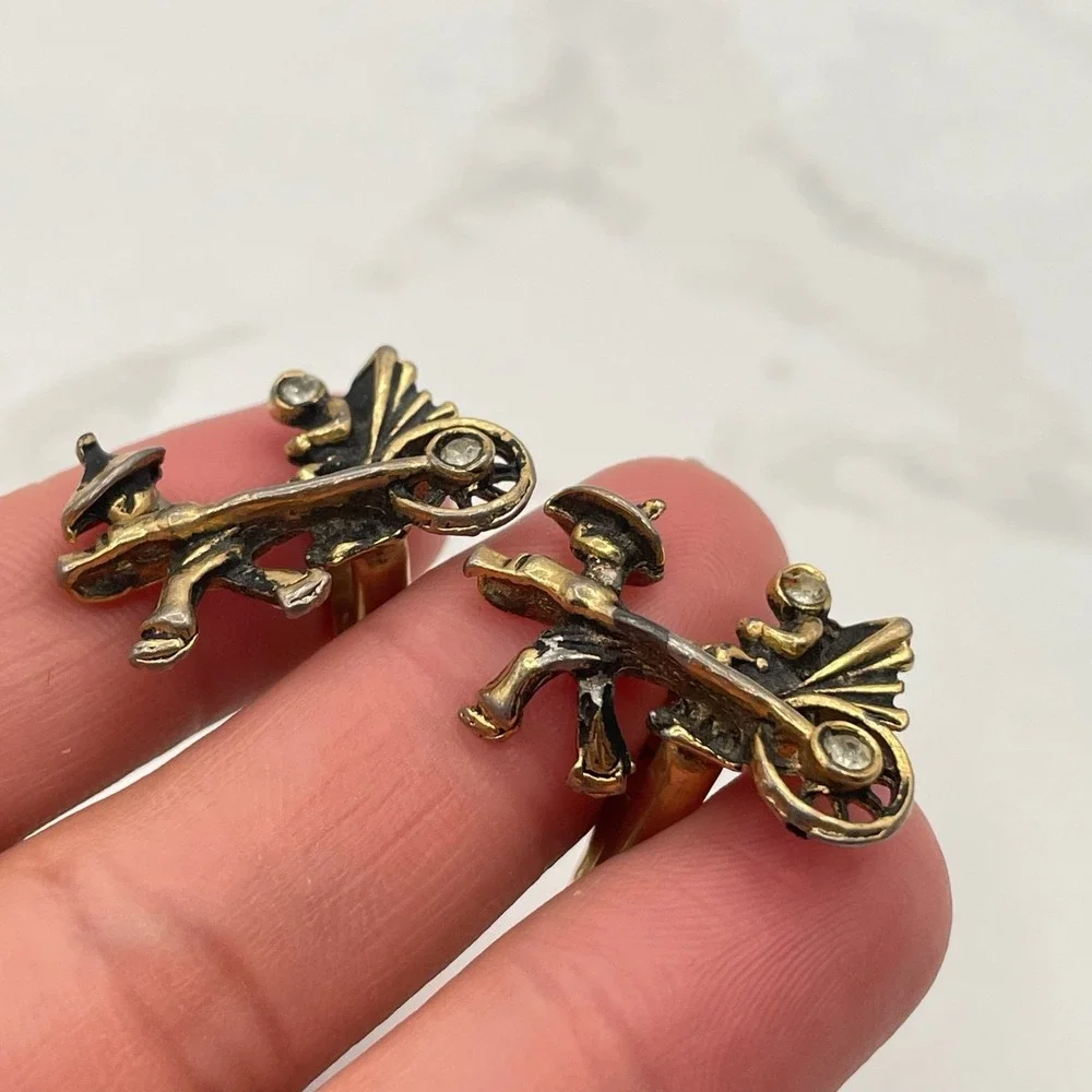 Vintage VTG Novelty Cufflinks Carriage Rickshaw Rider Clear Rhinestone Gold Tone
